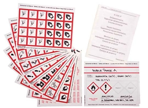 Merck 粘着ラベルセット acc. GHS ブランクラベル20枚80×110 mm、ハザードピクトグラム168枚、シグナルワード40枚、添付文書H- および P-文言付き 100801 1ST 1.00801.0001 1個(ご注文単位1個)【直送品】