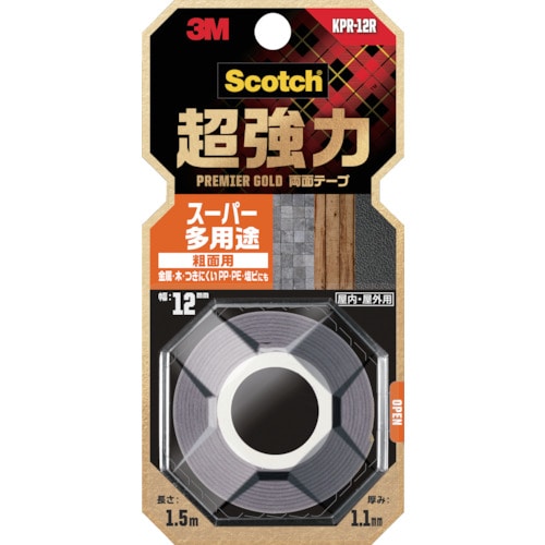 トラスコ中山 3M スコッチ 超強力両面テープ プレミアゴールド スーパー多用途 粗面用 12mm×1.5m(ご注文単位1巻)【直送品】