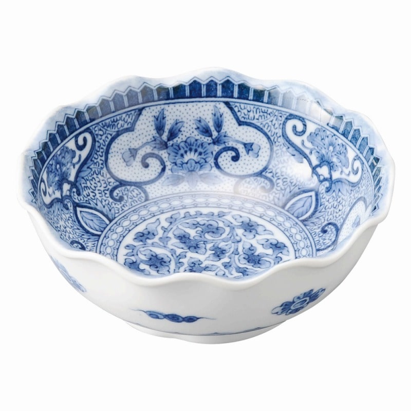 金正陶器 青花(せいか) 間取牡丹 波形3.8鉢 1個(ご注文単位1個)【直送品】