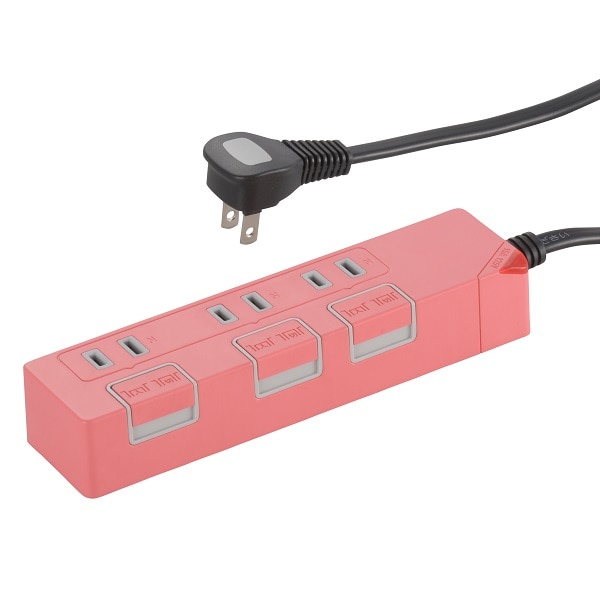 オーム電機 HS-T1147P 00-1147 個別押しボタンスイッチ付き 節電タップ 3個口 1.5m ピンク(ご注文単位1袋)【直送品】