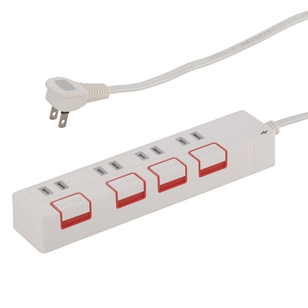 オーム電機 HS-K1187W 00-1187 雷ガード&個別押しボタンスイッチ付き 節電タップ 4個口 1.5m(ご注文単位1袋)【直送品】
