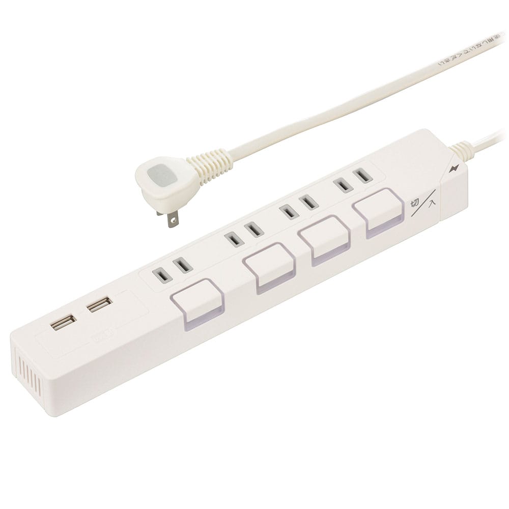 オーム電機 HS-TPKU42W-22 00-1668 節電タップ光る押しボタンスイッチ雷ガード4個口 USBポート付き 2mホワイト(ご注文単位1袋)【直送品】