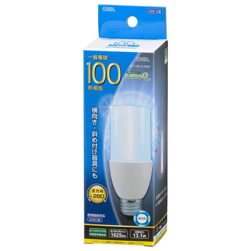 オーム電機 LDT13D-GIG92 06-1933 LED電球 T形 E26 100形相当 昼光色(ご注文単位1袋)【直送品】