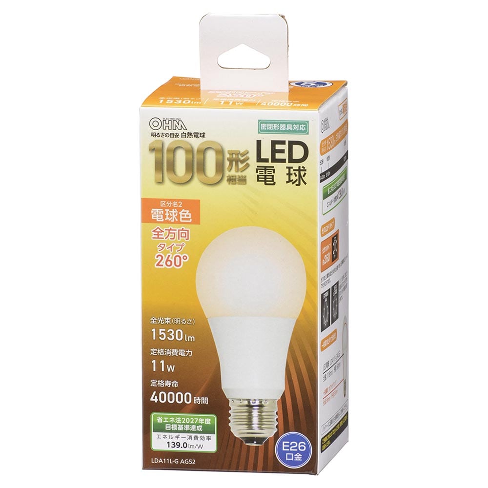 オーム電機 LDA11L-GAG52 06-3294 LED電球 E26 100形相当 電球色(ご注文単位1袋)【直送品】