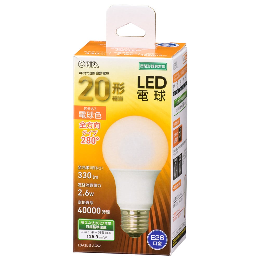 オーム電機 LDA3L-GAG52 06-4451 LED電球 E26 20形相当 電球色(ご注文単位1袋)【直送品】