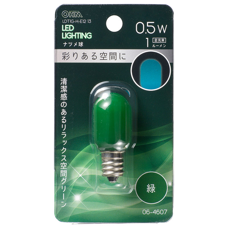 オーム電機 LDT1G-H-E1213 06-4607 LEDナツメ球装飾用 T20/E12/0.5W/1lm/緑色(ご注文単位1袋)【直送品】