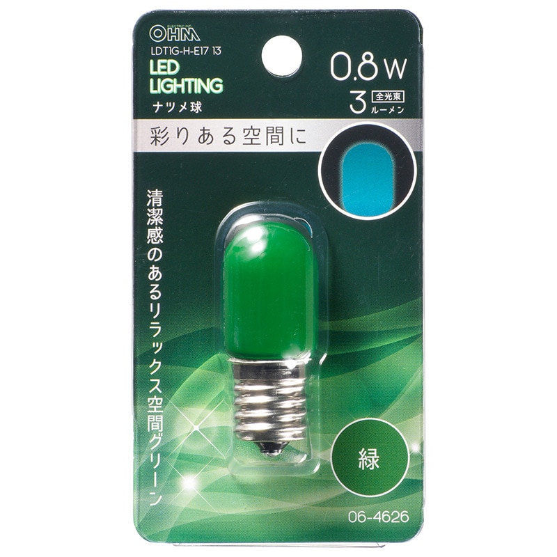 オーム電機 LDT1G-H-E1713 06-4626 LEDナツメ球装飾用 T20/E17/0.8W/3lm/緑色(ご注文単位1袋)【直送品】