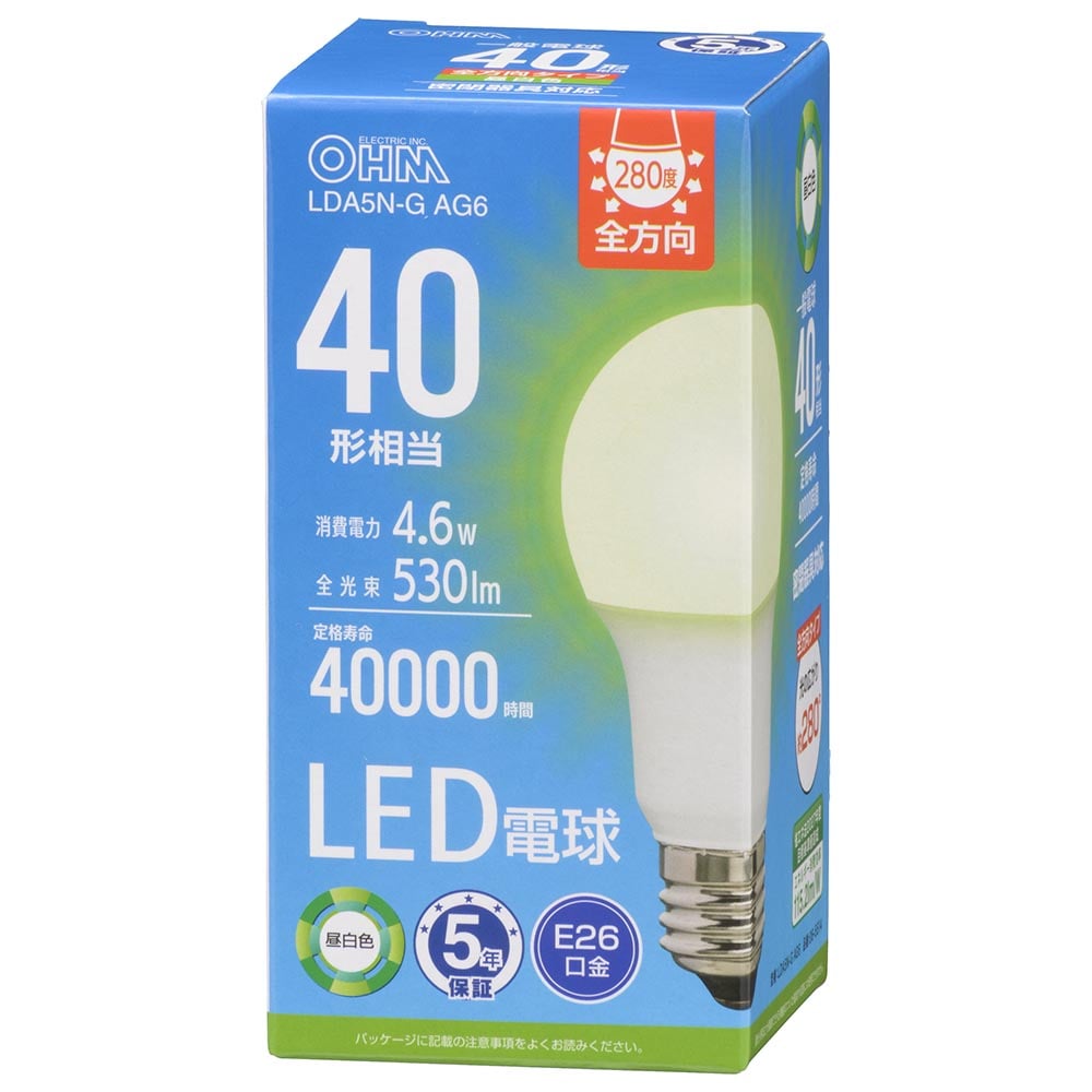 オーム電機 LDA5N-GAG6 06-5514 LED電球 E26 40形相当 昼白色(ご注文単位1袋)【直送品】