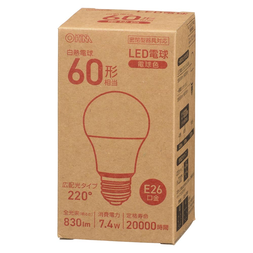 オーム電機 LED電球 E26 60形相当 電球色 1個(ご注文単位1個)【直送品】