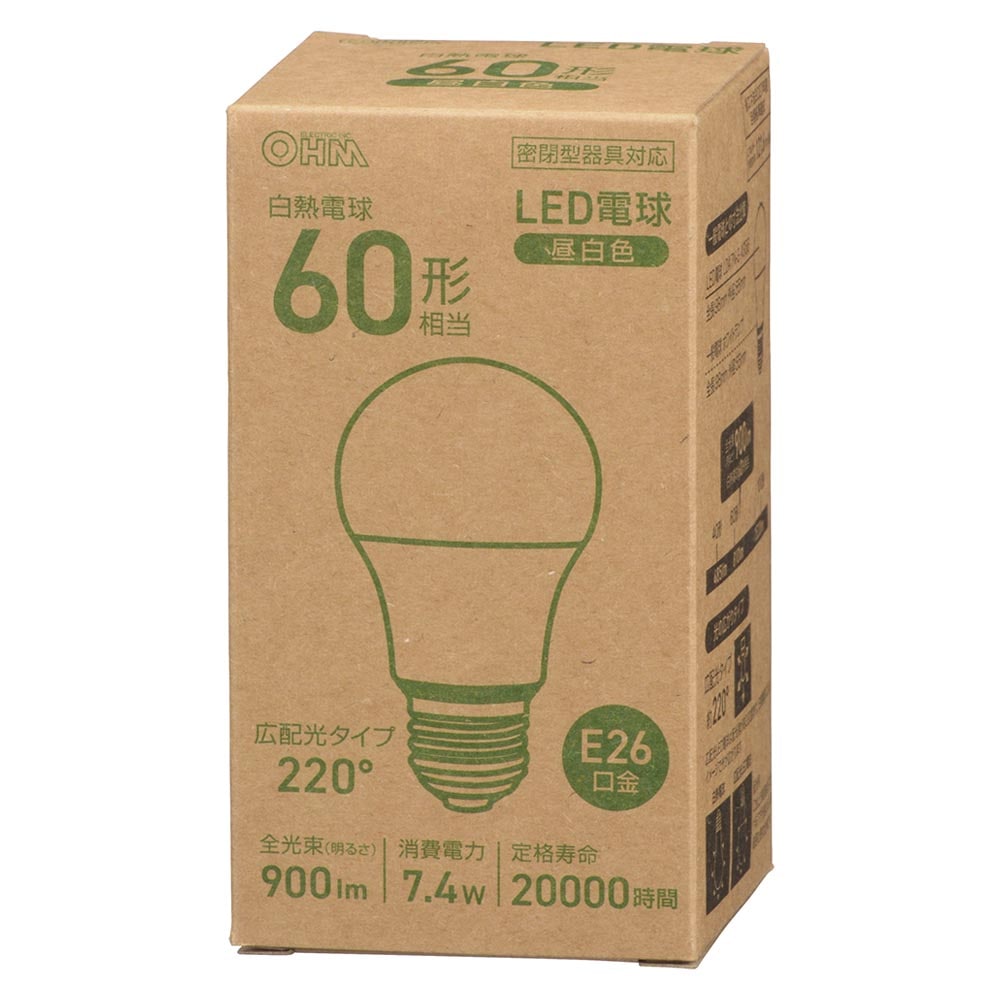 オーム電機 LED電球 E26 60形相当 昼白色 1個(ご注文単位1個)【直送品】