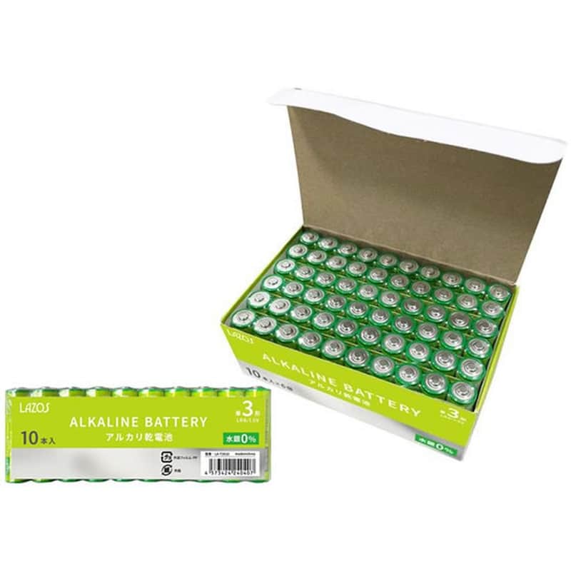 Lazos アルカリ乾電池 単3 60本 B-LA-T3X10 1箱（ご注文単位1箱)【直送品】
