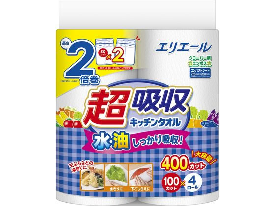 大王製紙 エリエール 超吸収キッチンタオル 100カット 4ロール 1ﾊﾟｯｸ（ご注文単位1ﾊﾟｯｸ）【直送品】