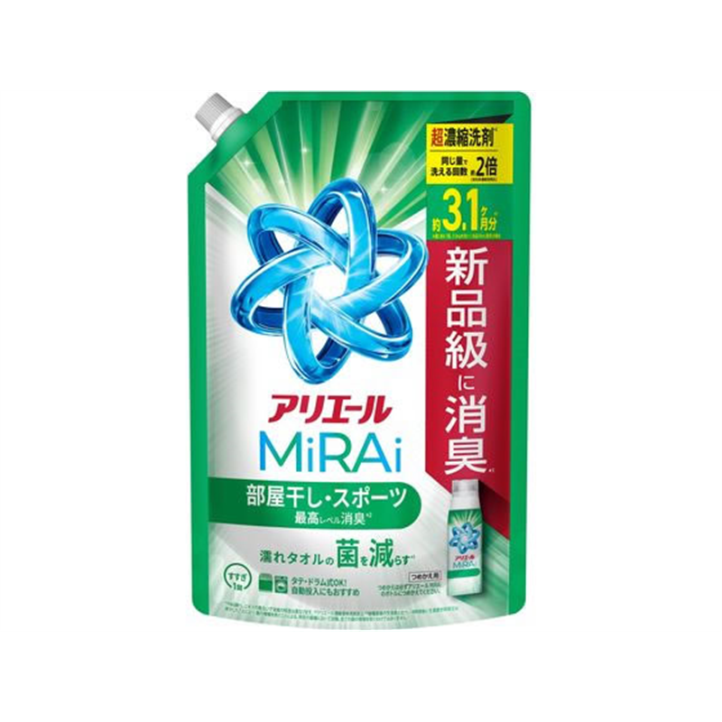 P&G アリエールミライ 消臭プラス 部屋干し 詰替 ウルトラジャンボ980g 1個（ご注文単位1個）【直送品】