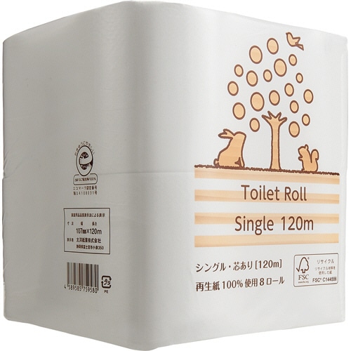 TANOSEE リサイクルトイレットペーパー(2倍巻) シングル 芯あり 120m 8ロール/袋(ご注文単位1袋)【直送品】