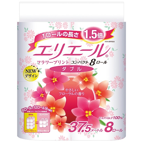 大王製紙 エリエール トイレットティシュー フラワープリント コンパクト ダブル 芯あり 37.5m 香りつき 8ロール/袋(ご注文単位1袋)【直送品】