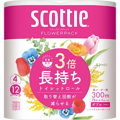 日本製紙クレシア スコッティ フラワーパック 3倍長持ち ダブル 芯あり 75m 香り付き 4ロール/袋(ご注文単位1袋)【直送品】