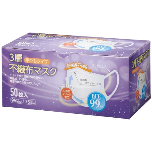 クラフトマン 3層不織布マスク 平ひもタイプ S-024 50枚/箱(ご注文単位1箱)【直送品】