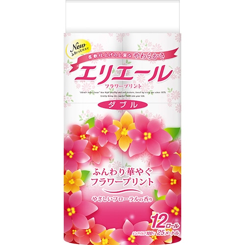 大王製紙 エリエール トイレットティシュー フラワープリント ダブル 芯あり 香りつき 25m 12ロール/袋(ご注文単位1袋)【直送品】