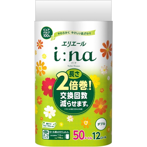 大王製紙 エリエール i:na(イーナ)トイレットティシュー ダブル 芯あり 50m 華やぐフローラルの香り 12ロール/袋(ご注文単位1袋)【直送品】