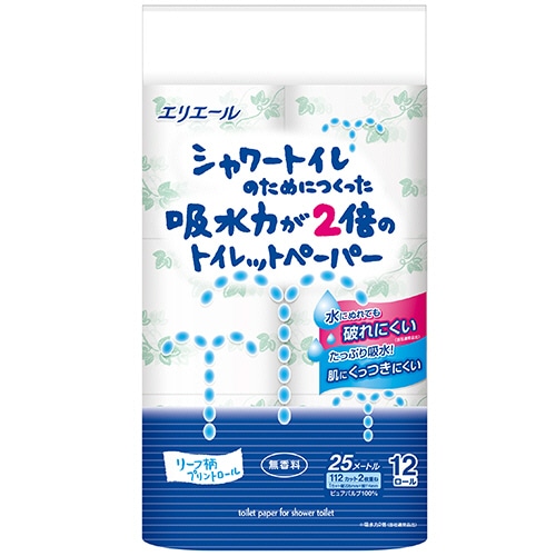 大王製紙 エリエール シャワートイレのためにつくった吸水力が2倍のトイレットペーパー ダブル 芯あり 25m 無香料 12ロール/袋(ご注文単位1袋)【直送品】