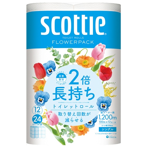 日本製紙クレシア スコッティ 2倍巻き フラワーパック シングル 芯あり 100m 1パック(12ロール)(ご注文単位1パック)【直送品】