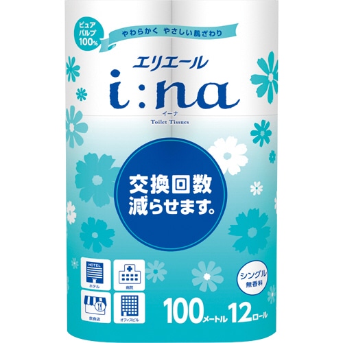 大王製紙 エリエール i:na(イーナ)トイレットティシュー シングル 芯あり 100m 無香料 1パック(12ロール)(ご注文単位1パック)【直送品】