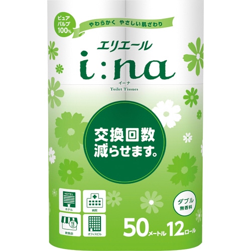 大王製紙 エリエール i:na(イーナ)トイレットティシュー ダブル 芯あり 50m 無香料 1セット(72ロール:12ロール×6パック)(ご注文単位1セット)【直送品】