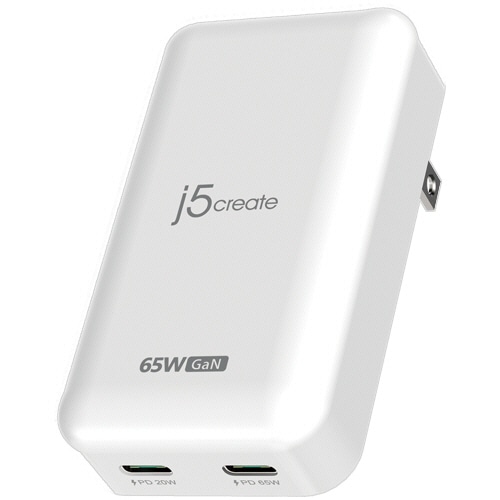 j5 Create 65W GaN スリム PD対応 USB-C 2ポート充電器 ホワイト JUP2465 1個（ご注文単位1個）【直送品】
