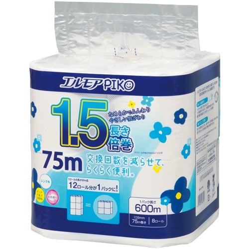 カミ商事 エルモア ピコ 1.5倍巻トイレットロール 花の香り シングル 75m 1セット(64ロール:8ロール×8パック)/セット(ご注文単位1セット)【直送品】