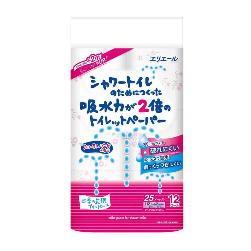 大王製紙 エリエールシャワートイレのためにつくった吸水力が2倍のトイレットペーパーフラワープリント香水付き ダブル 12ロール/個(ご注文単位1個)【直送品】