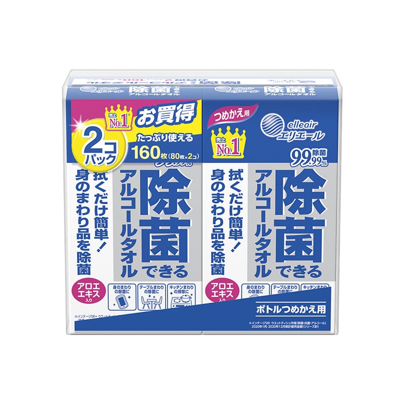 大王製紙 除菌アルコールタオル 詰替 80枚×2個/袋(ご注文単位1袋)【直送品】
