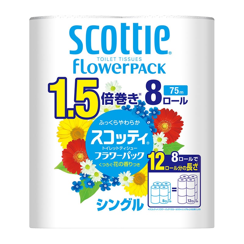 日本製紙クレシア スコッティフラワーパック1.5倍巻き 600m 8ロール シングル 1個(ご注文単位1個)【直送品】