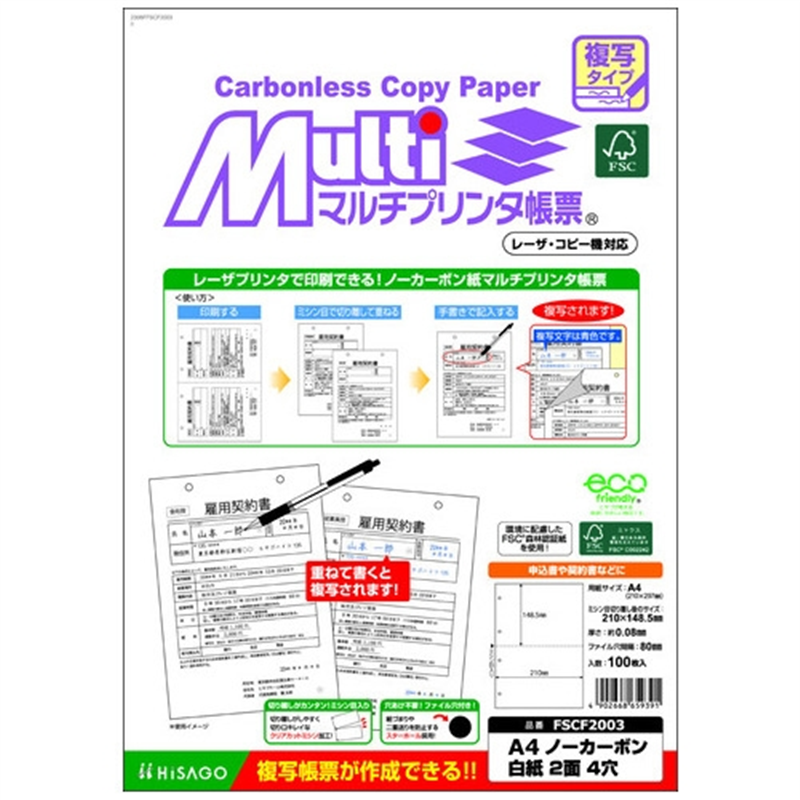 ヒサゴ マルチプリンタ帳票ノーカーボン2面4穴100P 1個（ご注文単位1個）【直送品】