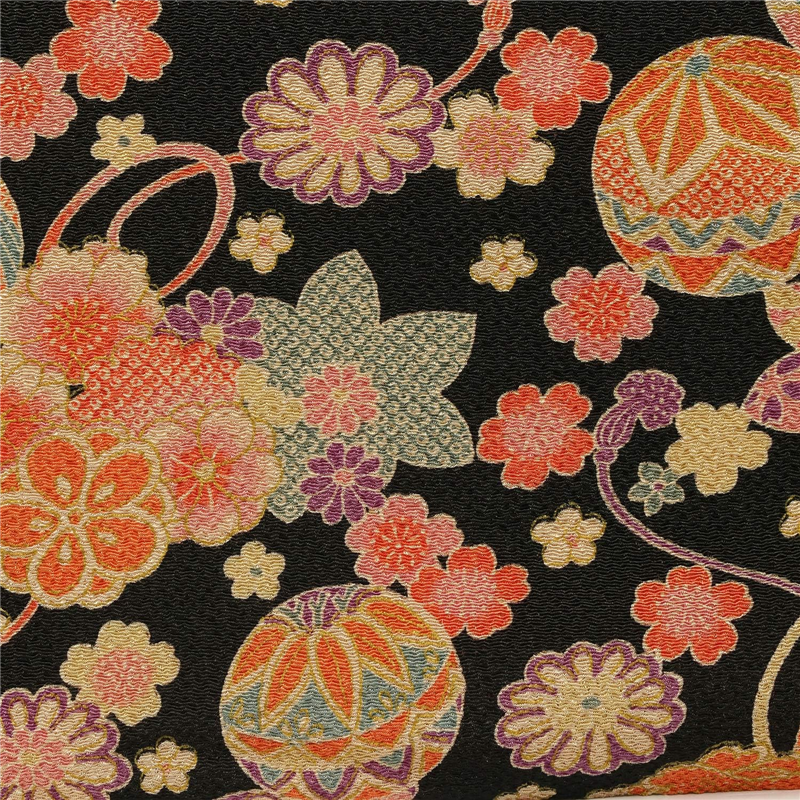 日本紐釦貿易 ちりめん 金彩 桜と毬 黒 巾約70cm×3ｍ切売カット DS07-03-3M 1枚（ご注文単位1枚）【直送品】