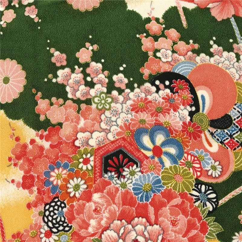 日本紐釦貿易 一越ちりめん 友禅 古典柄 花 緑系 巾約73cm×5m切売カット 1枚(ご注文単位1枚)【直送品】