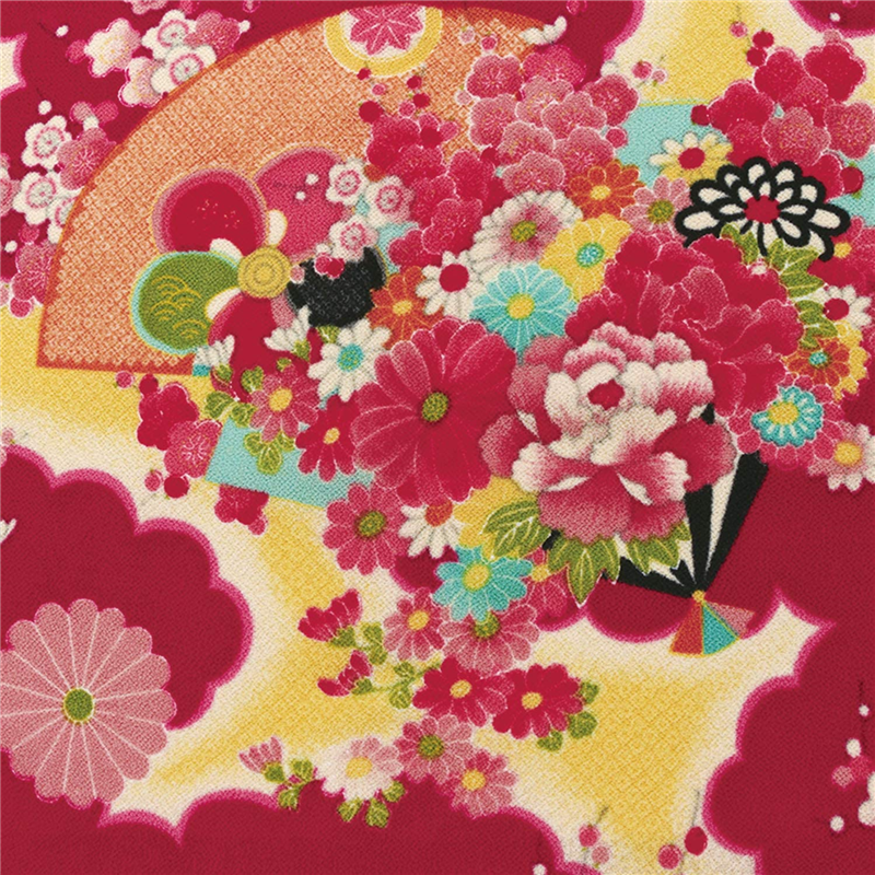 日本紐釦貿易 一越ちりめん 友禅 古典柄 花 ピンク系 巾約73cm×3m切売カット 1枚(ご注文単位1枚)【直送品】