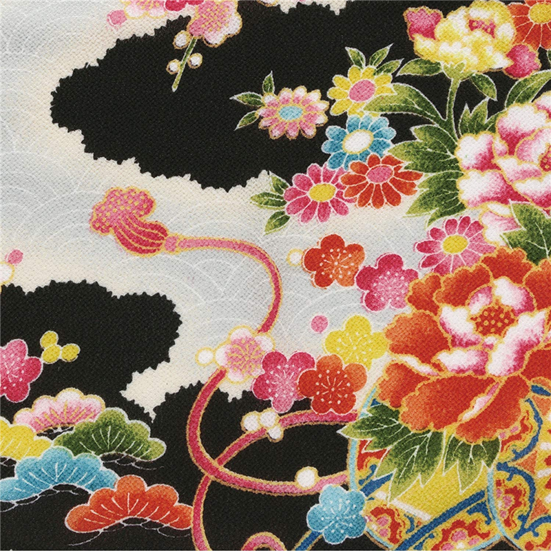 日本紐釦貿易 一越ちりめん 友禅 古典柄 花 黒系 巾約73cm×8m切売カット 1枚(ご注文単位1枚)【直送品】