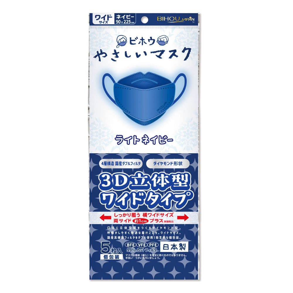 エスパック やさしいマスク　3D立体型 ワイド　ネイビー　個包装 DYN5 5枚入/袋（ご注文単位200袋）【直送品】