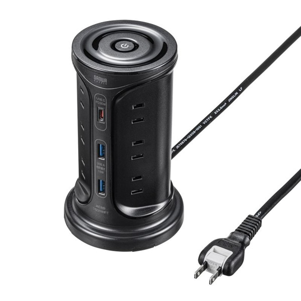 サンワサプライ タワー型電源タップ USB充電機能付き ブラック TAP-B112C1A2BK 1個（ご注文単位1個）【直送品】
