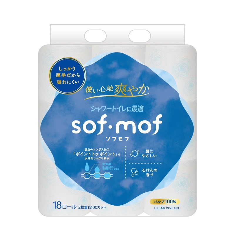 イデシギョー トイレットペーパー ソフモフ せっけんの香り 2枚重ね 100カット 18ロール/パック(ご注文単位16パック)【直送品】